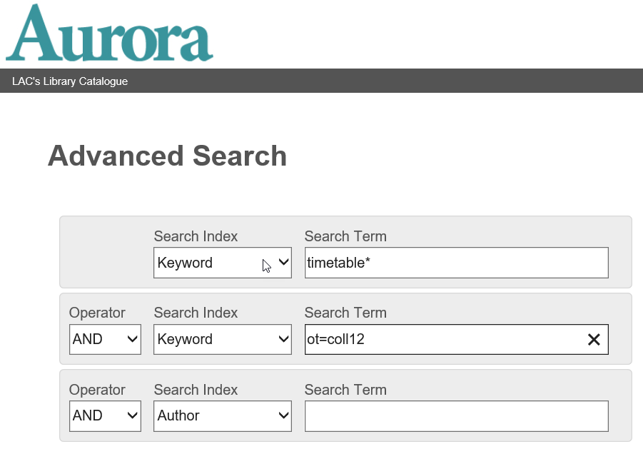 Advanced Search page showing a search box with multiple keyword search fields. The second keyword search box contains the text ot=coll12