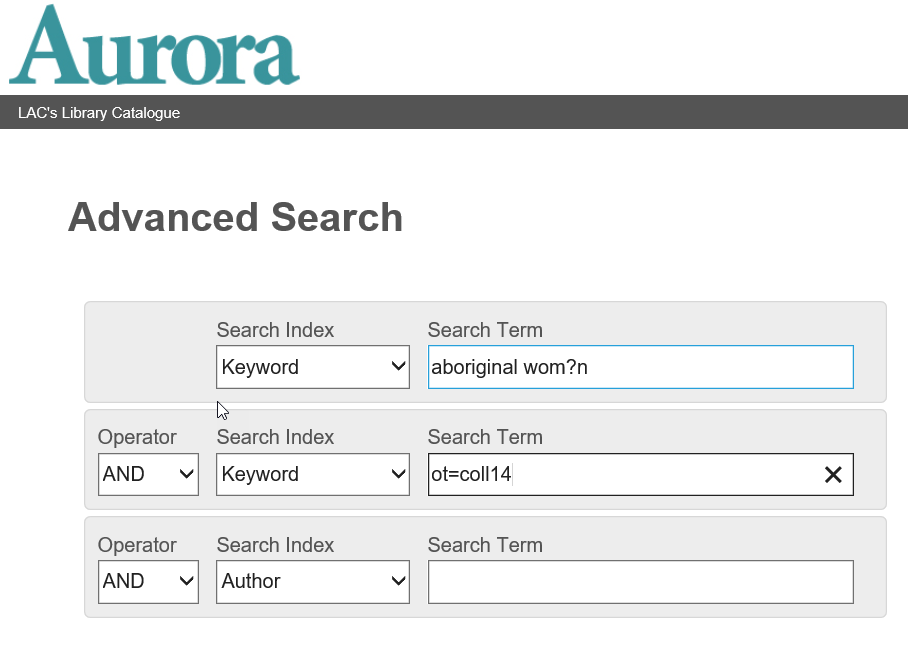 Advanced Search page showing a search box with multiple keyword search fields. The second keyword search box contains the text ot=coll14