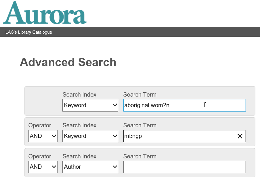 Advanced Search page showing a search box with multiple keyword search fields. The second keyword search box contains the text mt:ngp