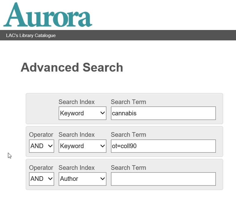 Advanced Search page showing a search box with multiple keyword search fields. The second keyword search box contains the text ot=coll90