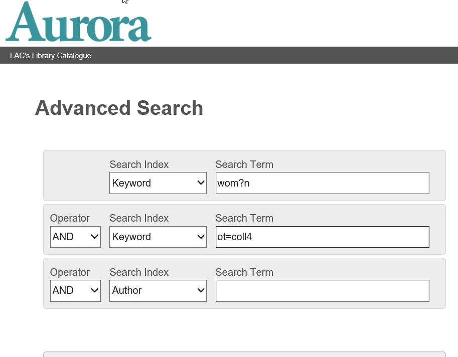 Colour screenshot of the Advanced Search page showing a search box with multiple keyword search fields. The second keyword search box contains the text ot=coll4