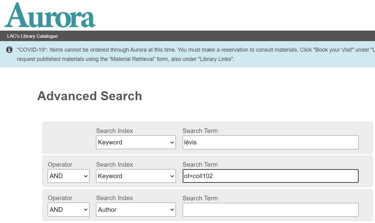 Advanced Search page showing a search box with multiple keyword search fields. The second keyword search box contains the text ot=coll102