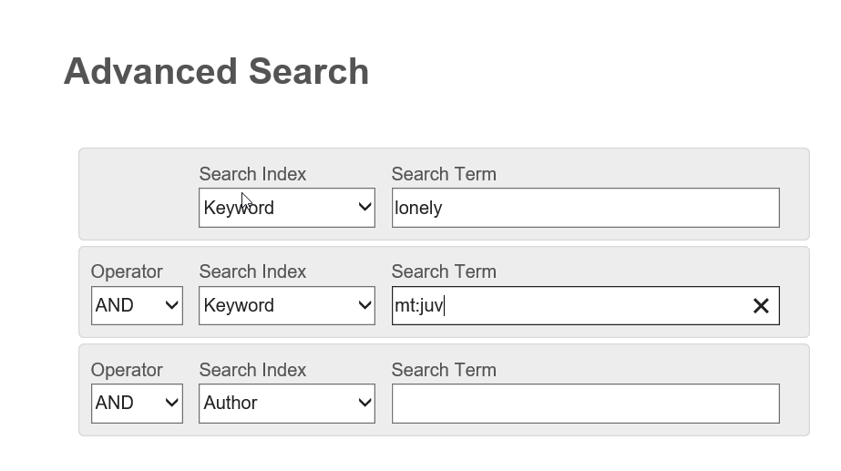 Advanced Search page showing a search box with multiple keyword search fields. The second keyword search box contains the text mt:juv