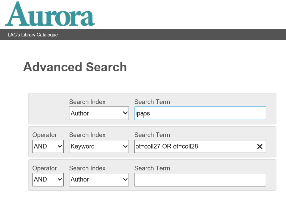 Advanced Search page showing a search box with multiple keyword search fields. The second keyword search box contains the text ot=coll27 OR ot=coll28