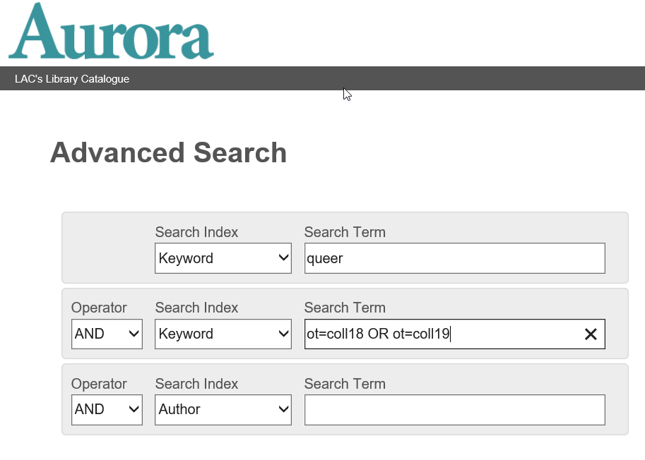 Advanced Search page showing a search box with multiple keyword search fields. The second keyword search box contains the text ot=coll18 OR ot=coll19