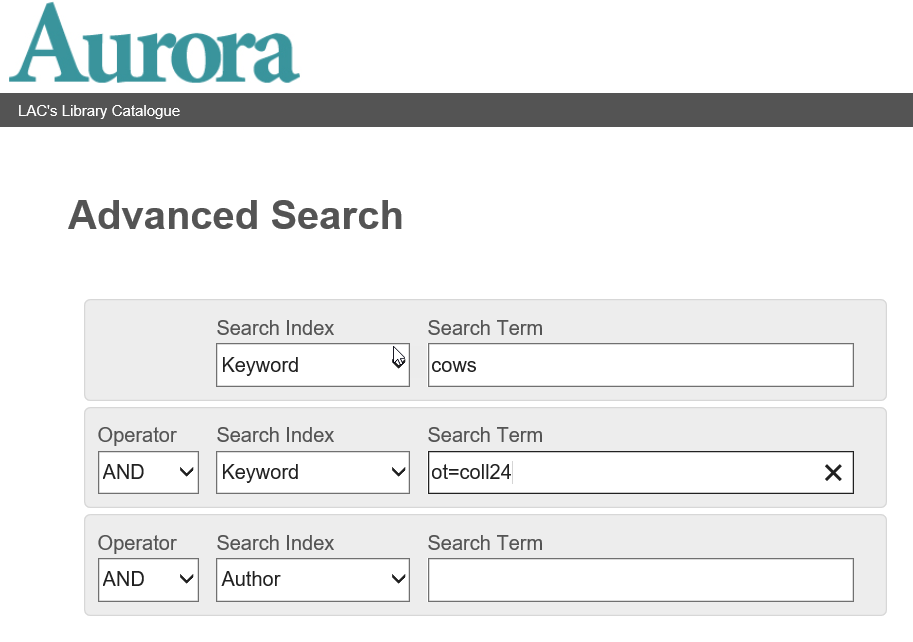 Advanced Search page showing a search box with multiple keyword search fields. The second keyword search box contains the text ot=coll24