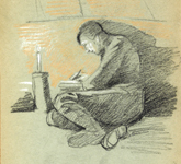 Rough sketch of soldier writing by candlelight