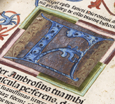 Colour photo of an illuminated letter in an old book.