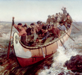 Colour oil painting of a birchbark canoe, navigated by a dozen men with paddles, rushing over rapids between rock formations, with white foam breaking against its sides.