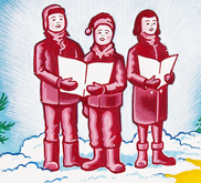 Colour image of three children wearing winter clothing, holding sheet music and singing.