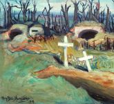 Colour image of a painting depicting two gun emplacements at the edge of a burnt out forest. In the foreground, there are two graves with white crosses. At the bottom-left of the painting is a signature and year: Mary Riter Hamilton 1919.