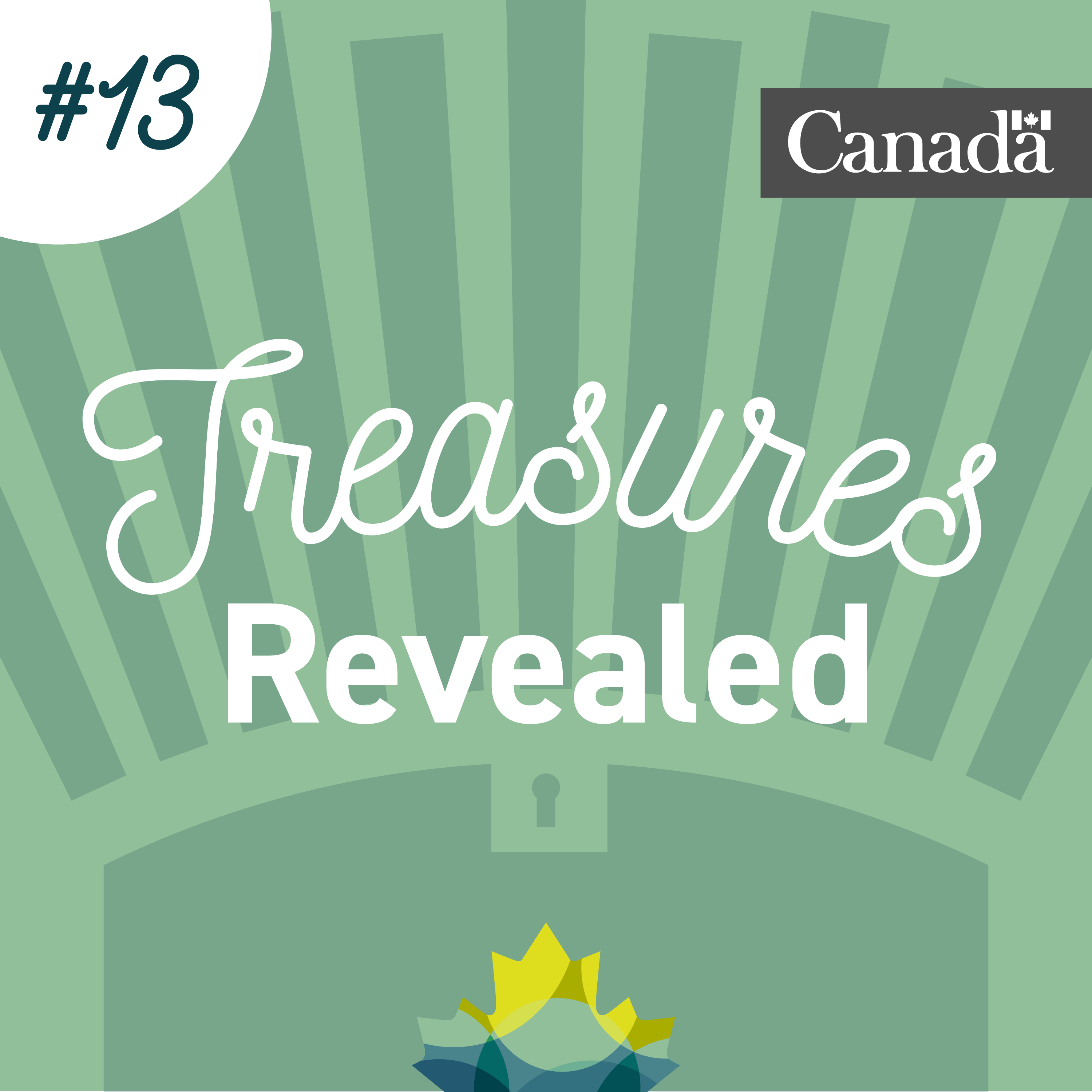 Greenish stylized treasure chest with Library and Archives Canada maple leaves at the bottom and rays rising from the chest at the top. Numbered 13.