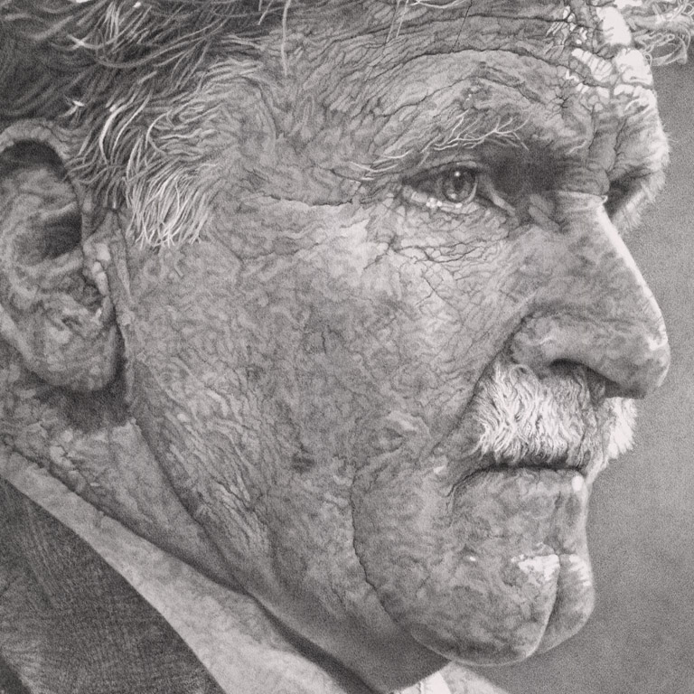 Detailed graphite drawing of Roméo Dallaire’s profile.