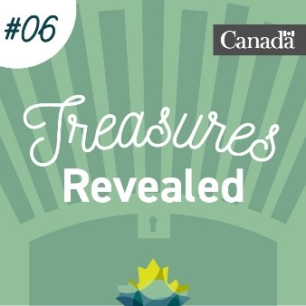Greenish stylized treasure chest with Library and Archives Canada maple leaves at the bottom and rays rising from the chest at the top. Numbered #05.