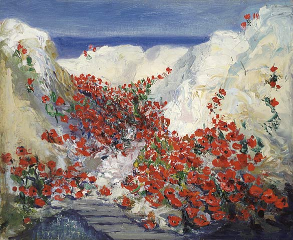 A painting of red poppies growing in the trenches on the Somme