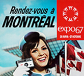 Expo 67 poster depicting a smiling hostess holding a camera next to her face and standing in front of the Canadian pavilion. The words, “Rendez-vous à Montréal” are written at the top of the poster.
