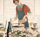 Image of a woman pouring currants in a bowl with cooking tools and ingredients for a recipe on a table including sultanas, flour, brandy, cloves, beer, Jamaican rum, currants, apples, cinnamon, bread, eggs, spices and raisins