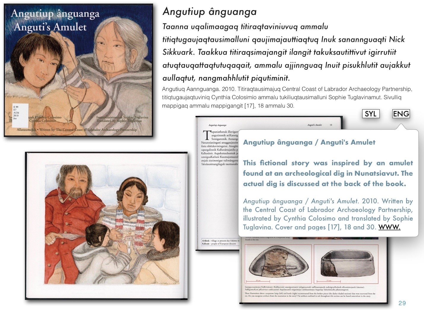 Screenshot of an e-book page showing a book cover with artwork of two people, a page with an artwork of four people and two pages with text. A paragraph written in Inuktut (Roman orthography) appears on the centre right. In the e-book, you may click on a button to see a translation in syllabics, or click on another button to see an English translation.