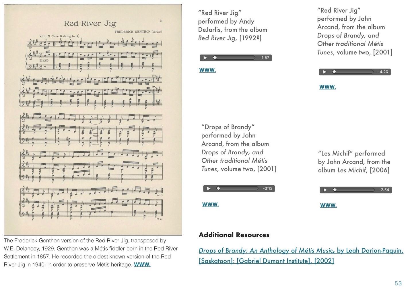 Screenshot of an e-book page showing a sheet from a musical score on the left side. On the right side, there are the titles of four English songs. In the e-book, you may click on the arrow below each song to listen to a recording. There are also web links in the e-book for more information.