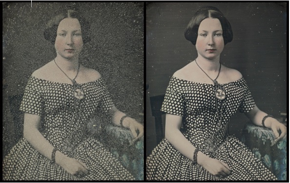 A woman sitting with her arm resting on a table. Glass is deteriorated and appears to be weeping.