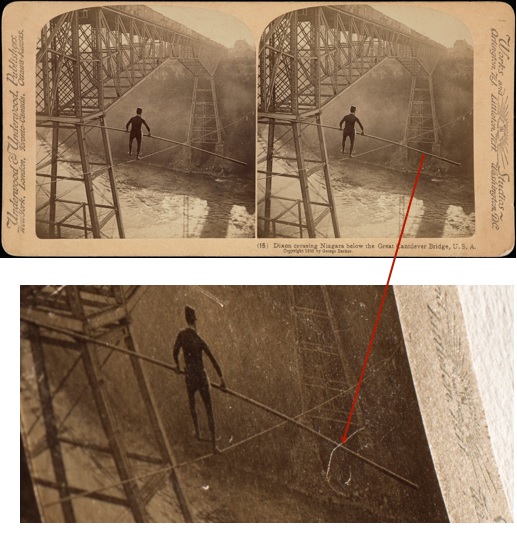 A double image of a man walking on a tightrope, holding onto a horizontal pole and with a ring around his ankles. The image exhibits a small scratch, on the right image at the bottom edge. A close-up of a small scratch.