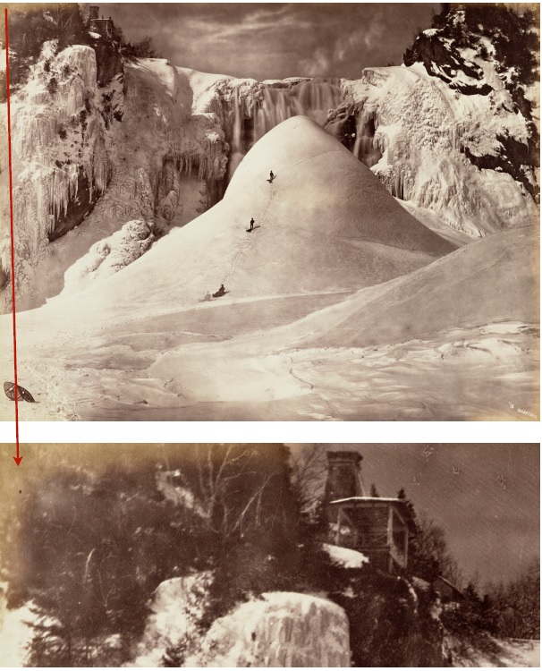 A snowy winter view of small hill with three people snowshoeing. This photograph exhibits yellow discolouration along the edges. A close-up of yellow discolouration along the edges.