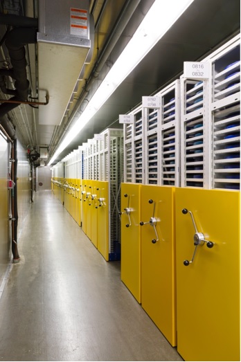 A long vault with movable storage racks.