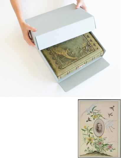 A custom box with a photograph album inside. A page from a photo album that has hand-coloured flowers and birds surrounding a portrait of a man with a moustache.