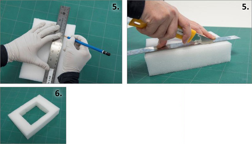 X-acto cutter, ruler, pencil and Ethafoam  representing steps 5 and 6