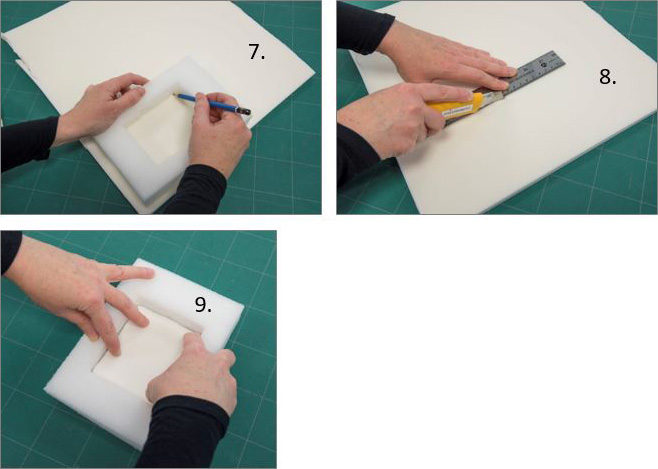 X-acto cutter, ruler, pencil, Valara and Ethafoam  representing steps 7 to 9