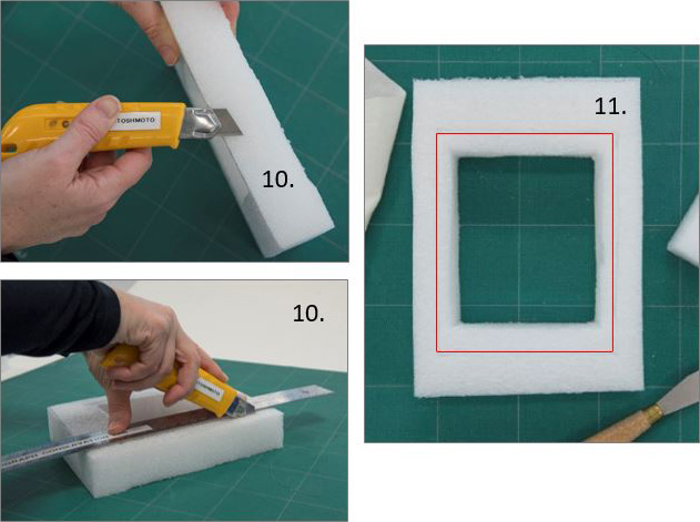 X-acto cutter, ruler and Ethafoam representing steps 10 to 11