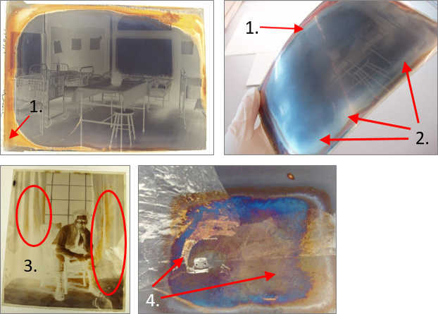 negatives with border, silver mirroring, unneven and oil-slick deteriorations