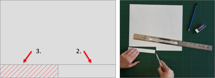 diagram representing steps 1 to 2, and paper with bottom left corner cutted-out