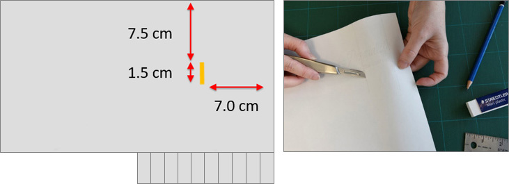 diagram representing step 5, and paper showing the cutted-out slot