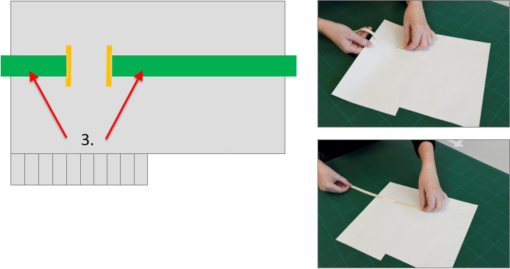 diagram representing steps 1 to 3, and paper showing a  twill inserted through two slots