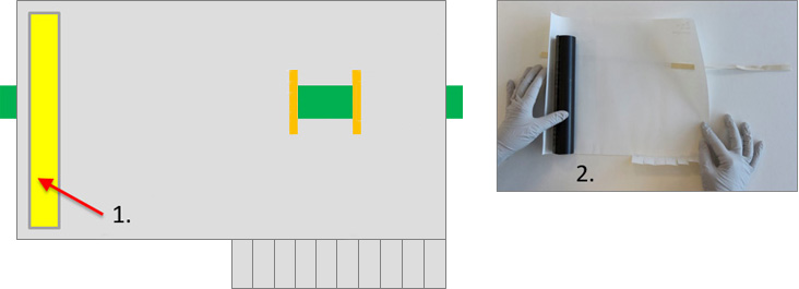 diagram representing step 1, and hands holding a nitrate roll and right side of paper