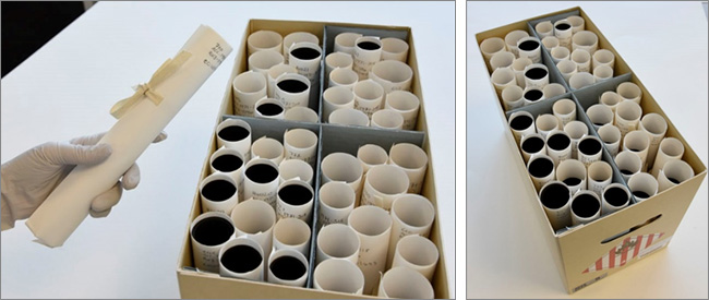 box containing paper rolls of rolled nitrate