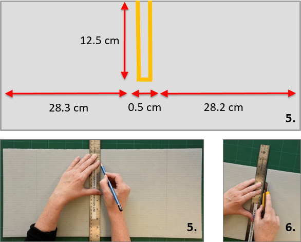 diagram showing measurements, and notch beign cut in the larger board as decribed in steps 5 and 6