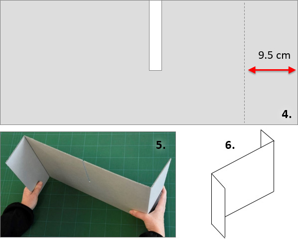 diagram showing measurement, and larger board with left and right crimped edges forming the letter “Z” as decribed in steps 3 to 6