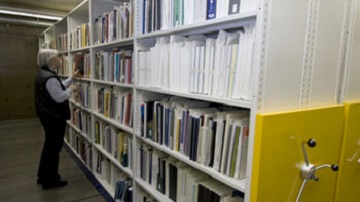 Photograph of the mobile shelving units used to store books