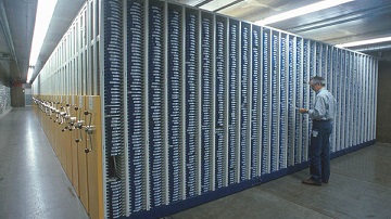 Photograph of the mobile shelving units used to store black and white motion picture films