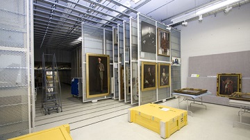 Photograph of the interior of the art storage vault for paintings and other artwork