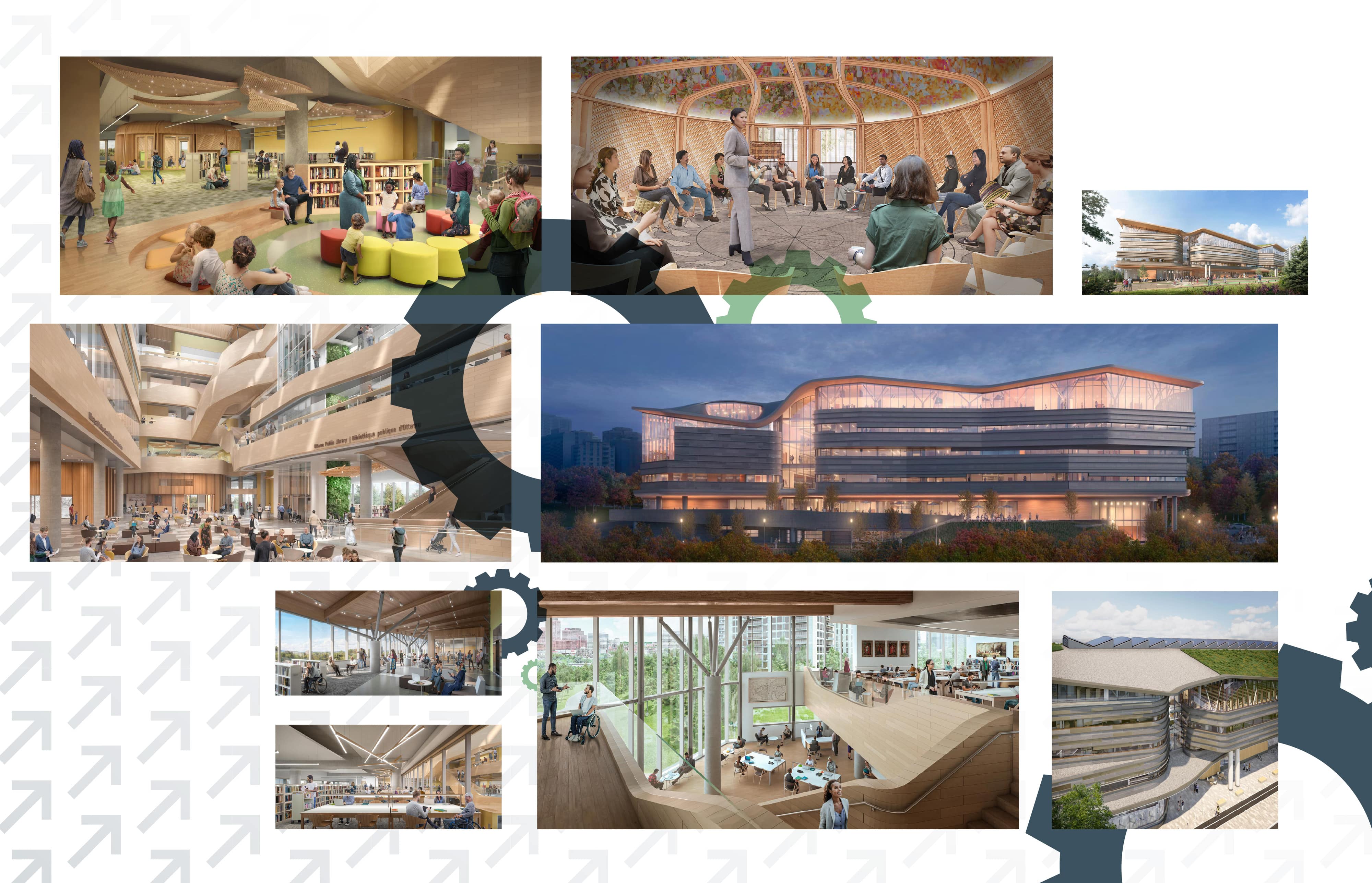 A photomontage of nine architectural renderings of Ādisōke. Photo 1: Children and their parents in the Discovery Centre. Photo 2: People on chairs meeting in circle. Photo 3: Outside of Adisōke, people are walking, biking and entering the facility. Photo 4: People are reading, having a coffee, discussing with friends and walking in the open space of Ādisōke. Photo 5: exterior view of Ādisōke from the Ottawa River on a night in the fall. Photo 6: People seating at tables are reading, discussing and taking in the fantastic views. Photo 7: People are consulting documentary resources, reading, doing research. Photo 8: People are reading, climbing the stairs, discussing and doing research. Photo 9: exterior view of the facility showing solar panels installed on the green roof.