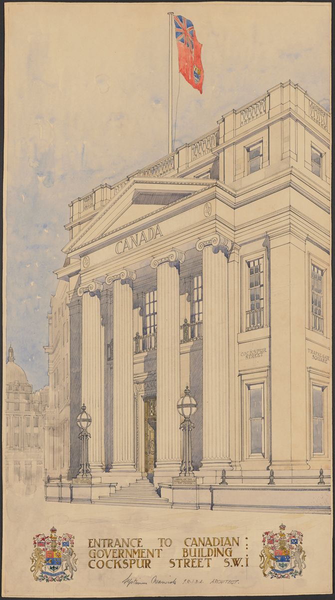 Watercolour showing the imposing new Grand Portico Entrance on Cockspur Street