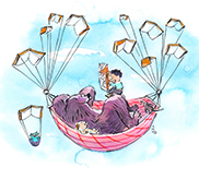 Colour illustration of a boy reading a book to a bear and an infant as they recline in a hammock suspended by flying books.