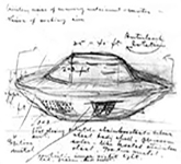 Black-and-white drawing of a vehicle resembling a flying saucer. There are various annotations, measurements and dimensions written on the paper.